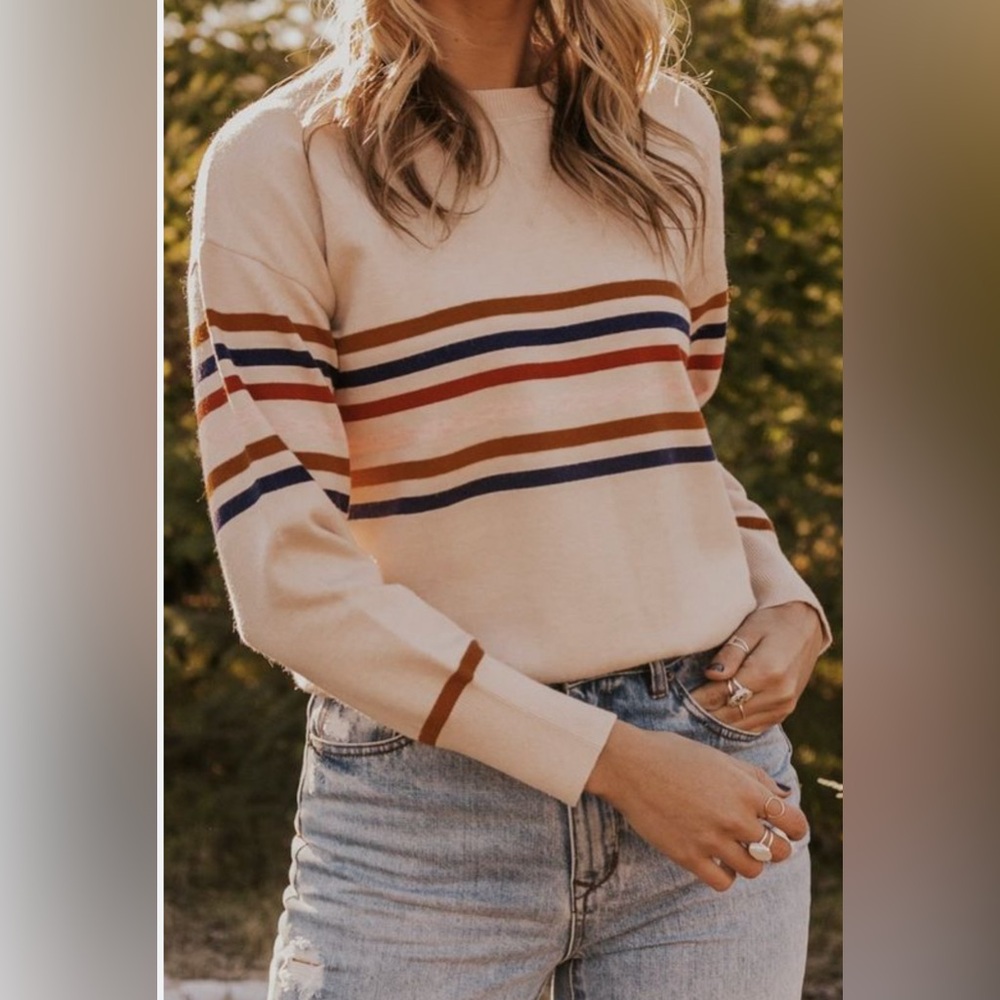 Roolee Cream Striped Crewneck Sweater with Rust and Navy